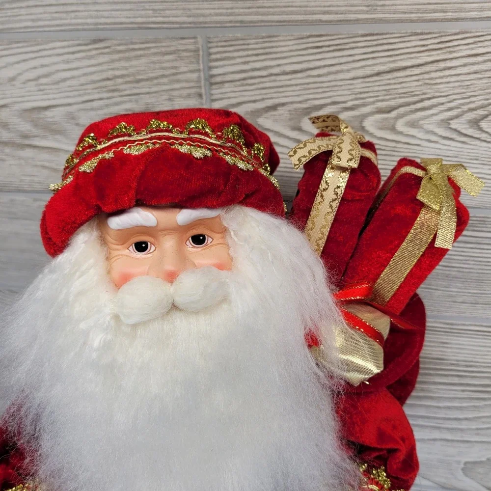 Santa Claus Figurine Red Velvet Gold Trim Traditional Holiday St Nick Sack Gifts